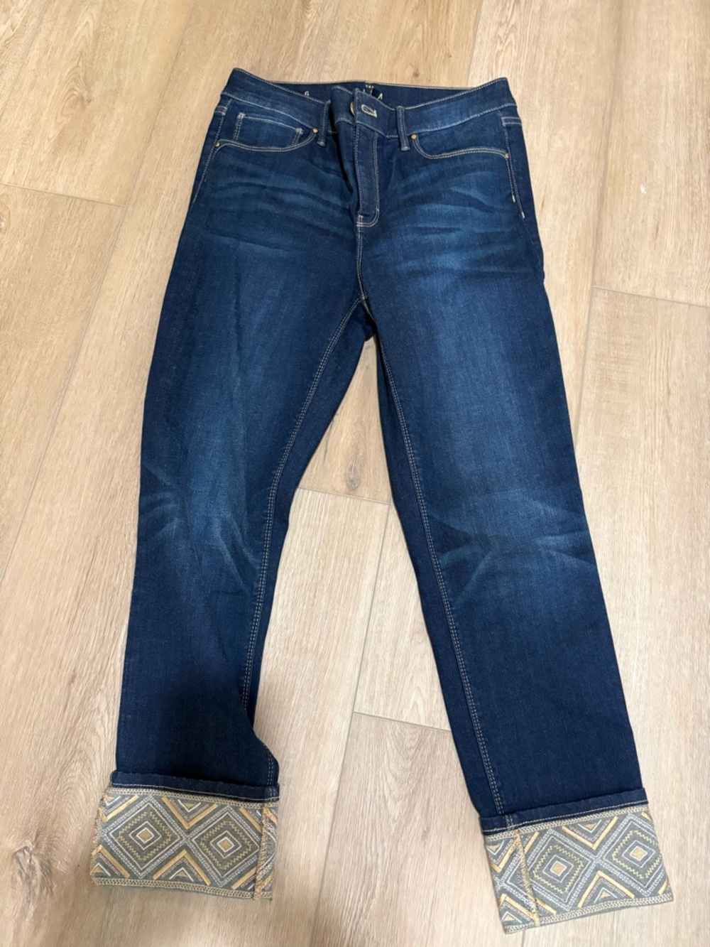 White House Black Market Dark Blue Ankle Crop Jeans with Patterned Cuffs
